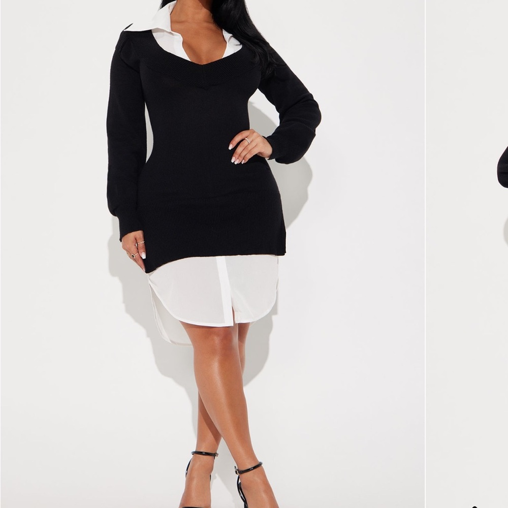 Black V-Neck Sweater Shirt Dress with White Shirt Detail